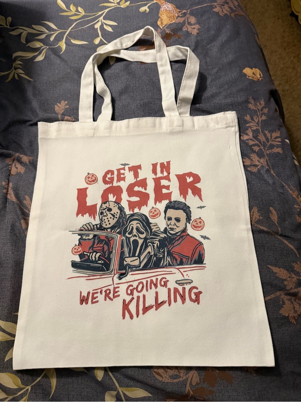 White Graphic Tote Bag with Red Horror Illustration